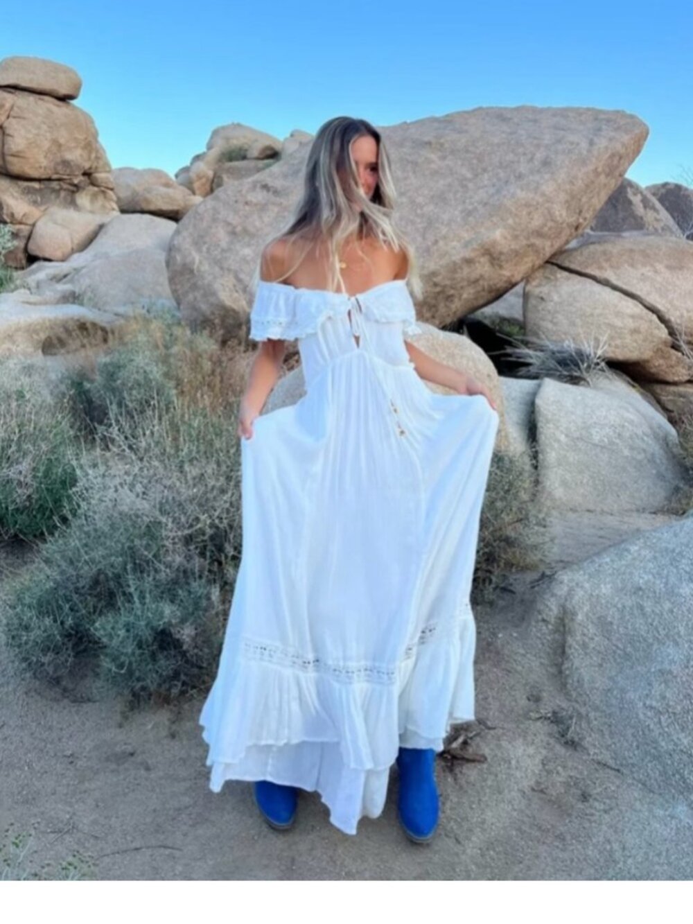FREE PEOPLE MOONLIGHT OCEAN off shoulder lace inset maxi dress s small